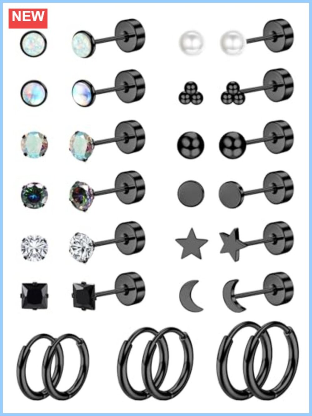 Flat Back Stud Hoop Earrings Set 316L Surgical Steel Opal Zirconia